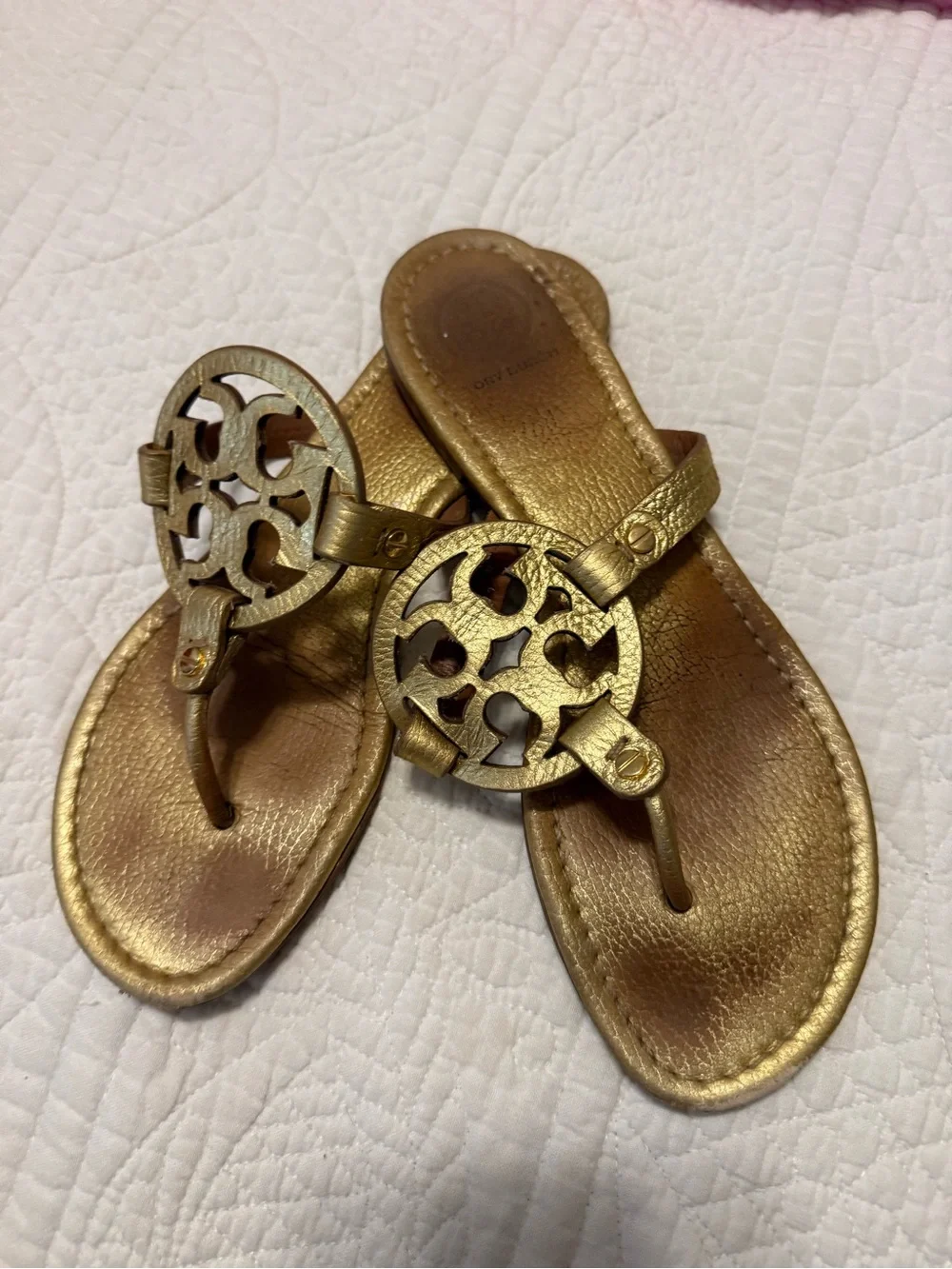 Tory Burch Metallic Gold Logo Thong Sandals